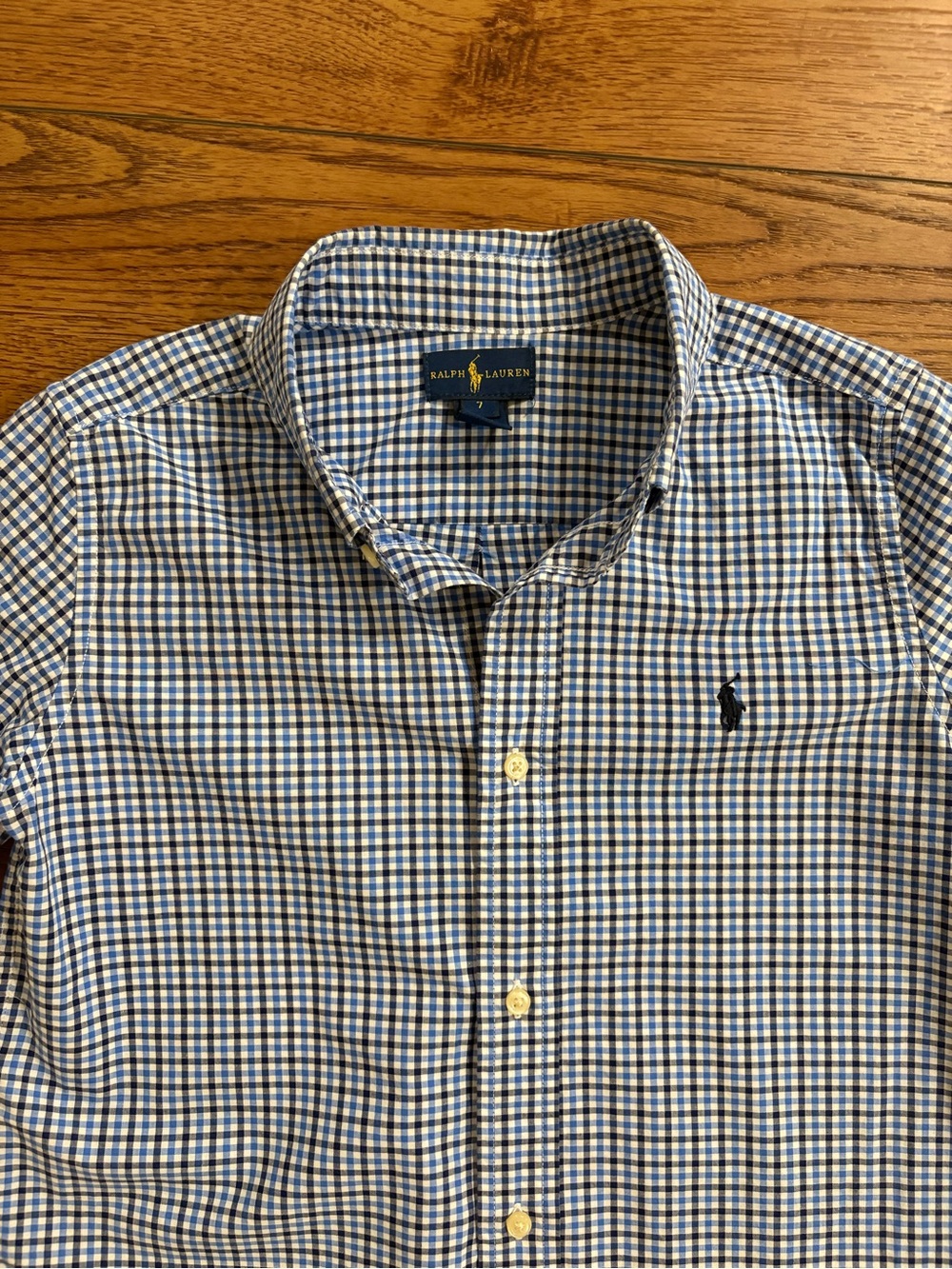 Ralph Lauren Boys Size 7 Blue Gingham Button Down Shirt Cotton